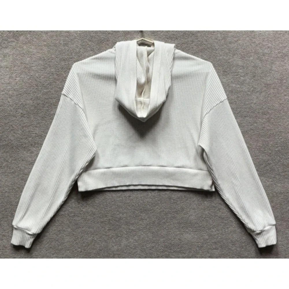 Alo Yoga Size S Muse Hoodie Beige Bone Cropped Ribbed Knit Stretch Workout Gym